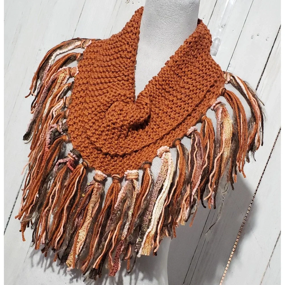 Cowl Scarf Fringe Hand Knitted Orange Rust Womens Boho Hippie Artsy Earthy Glam‎